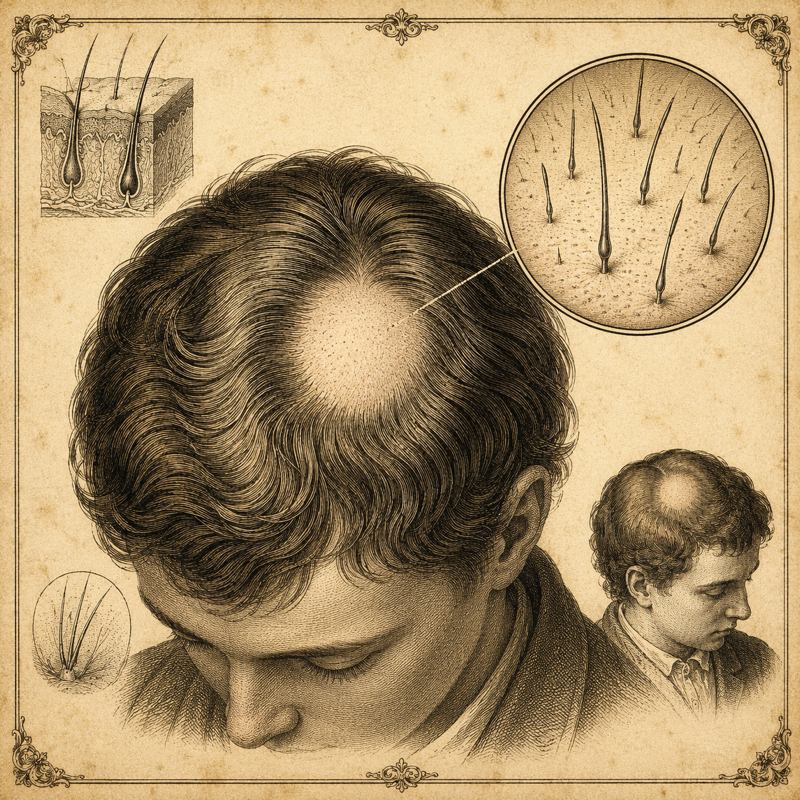 Vintage medical plate of a scalp with a round bald patch