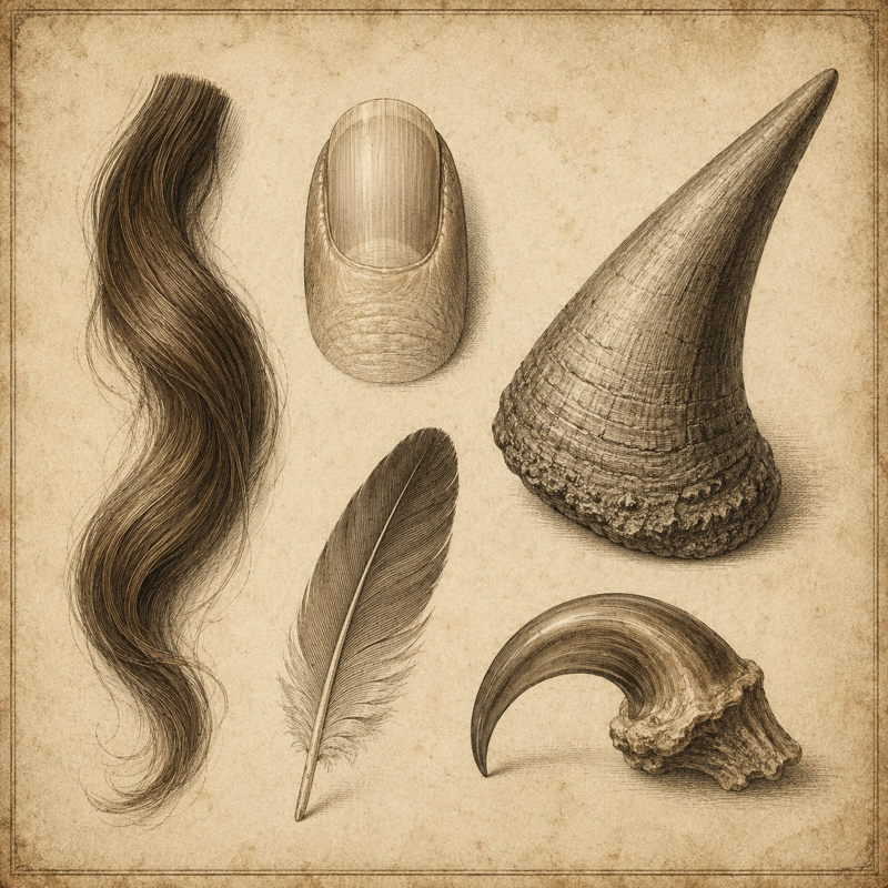 Vintage plate of keratin structures: hair, nail, feather, horn