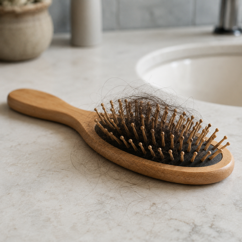 Vintage plate of a hairbrush with shed hairs